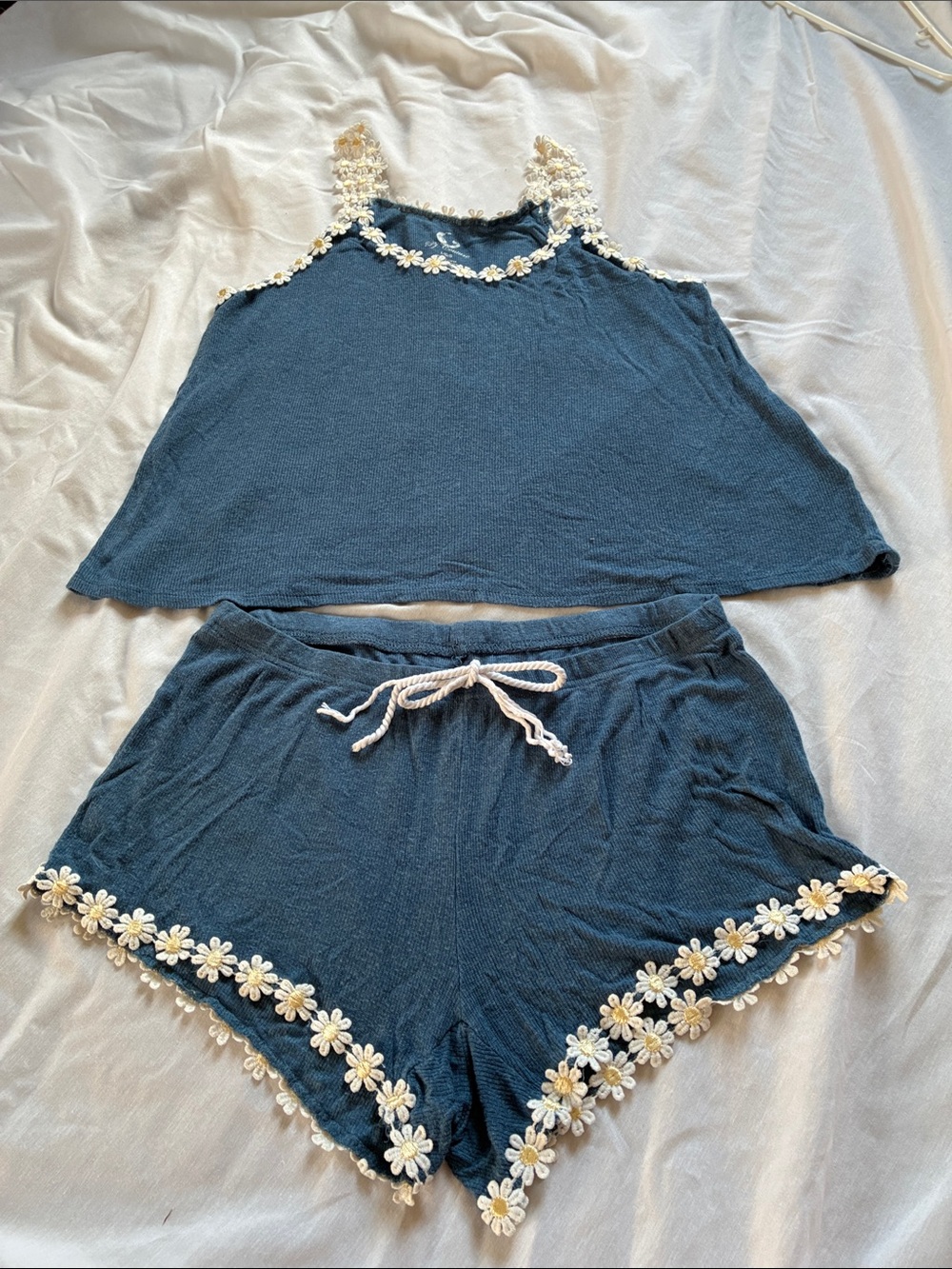 Pj Couture Blue Daisy-Trim Pajama Tank & Shorts Set size large